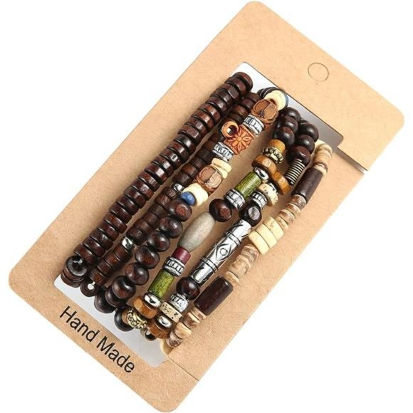 Wrap Bracelets Men Women, Hemp Cords Wood Beads Ethnic Tribal Bracelets, Leather - Picture 3 of 5